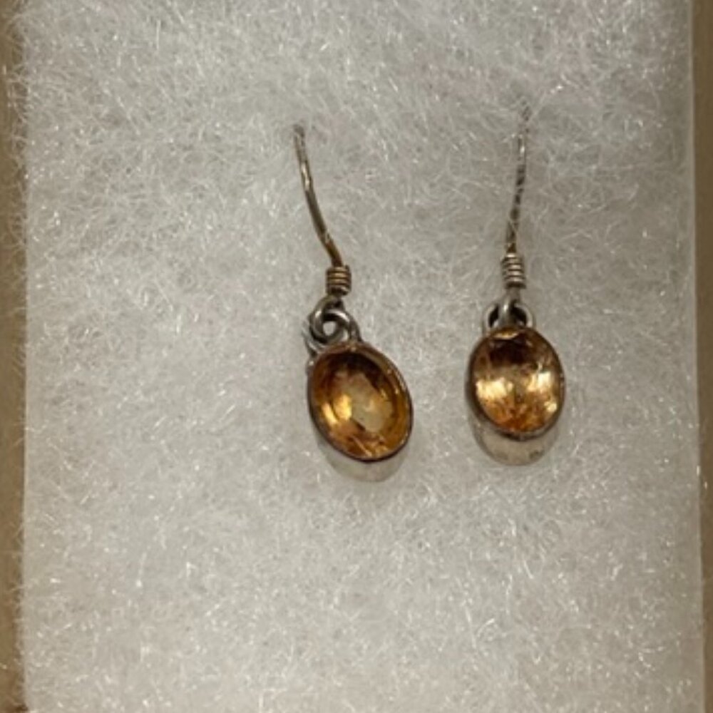 Danty Vintage Sterling Silver Hook Earrings with Citrine Colored Stone